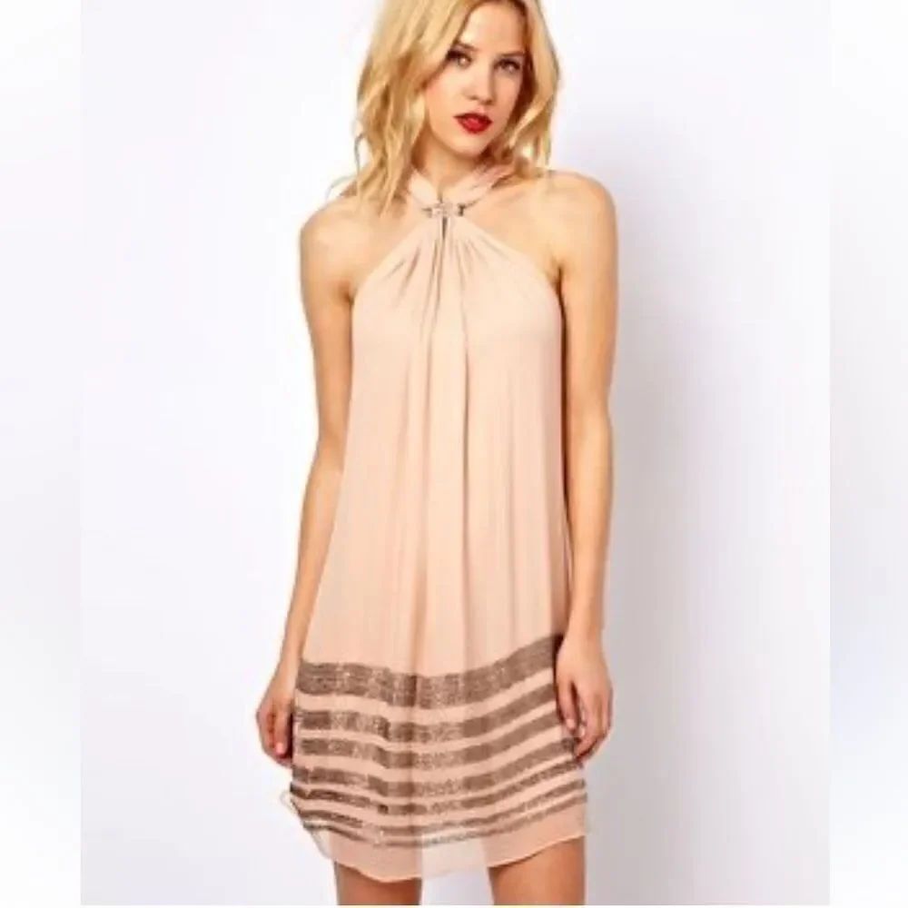 Mango Silk Beaded Halter Cocktail Dress Women’s 4